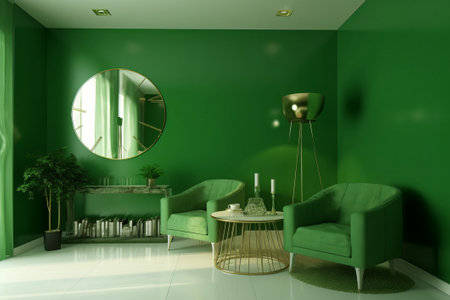 green living room with green armchair and round mirror, 3d renderの素材
