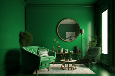 Green living room interior with armchair and round mirror, 3d renderの素材
