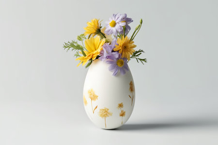Easter egg with yellow and purple flowers on a white background.の素材