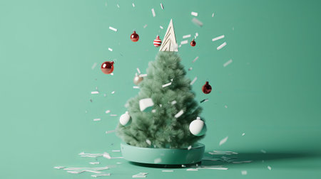 3d rendering of christmas tree with falling confetti on green backgroundの素材