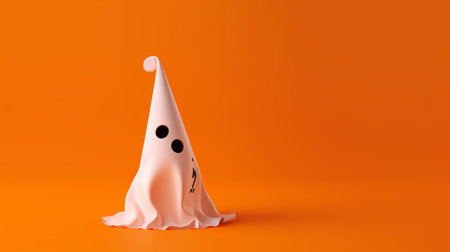 Funny paper ghost on orange background. Minimal Halloween concept.の素材