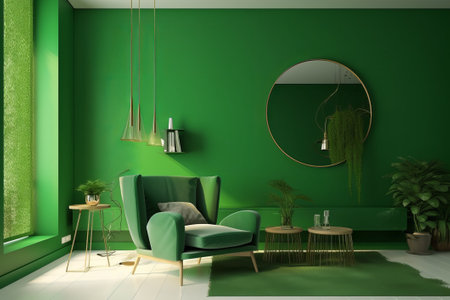 Green living room with armchair and round mirror - 3d renderingの素材