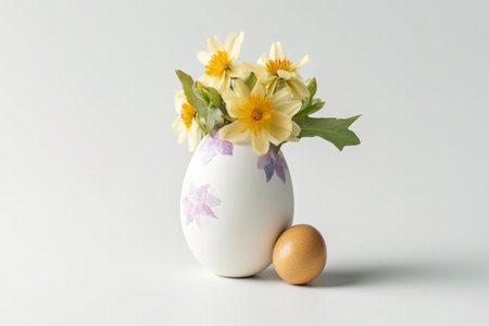 Easter egg with daffodils in a white vaseの素材