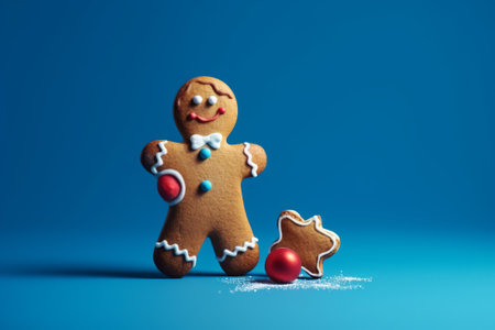 Gingerbread man with red ball on blue background. Christmas conceptの素材