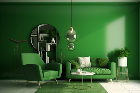 Green living room with green armchairs, round coffee table and round mirror - renderingの素材