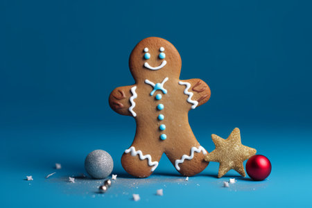 Gingerbread man and christmas decoration on blue background. Christmas and New Year concept.の素材