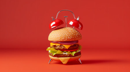 Hamburger with alarm clock on red background. 3d illustrationの素材