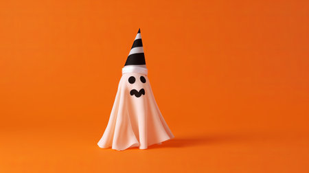 Halloween ghost with hat on orange background. 3d illustration.の素材