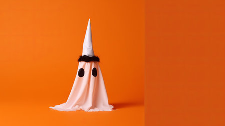 Funny ghost on orange background. Halloween concept. Copy space.の素材