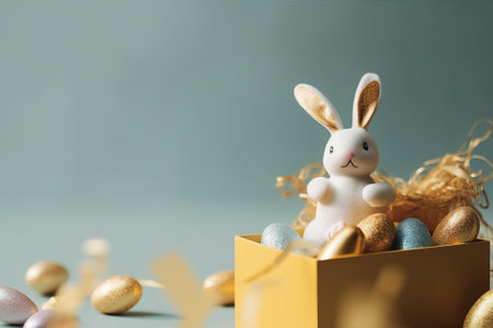 Easter bunny and easter eggs in golden box on blue backgroundの素材