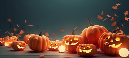 Halloween background with pumpkins and falling leaves. 3d renderingの素材
