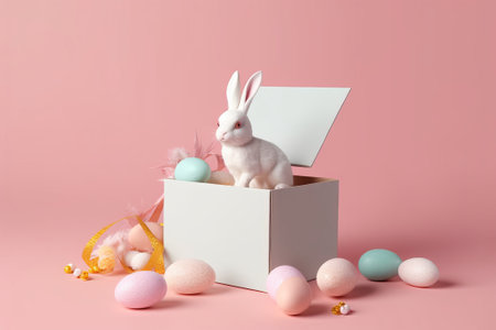 Easter composition with white rabbit in gift box on pink background.の素材