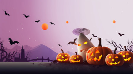 Halloween background with pumpkins and flying bats. Vector illustration.の素材