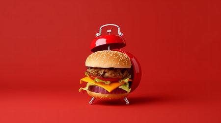 Hamburger with a bell on a red background. Fast food concept.の素材