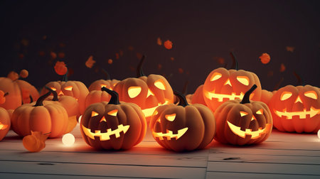Halloween pumpkins on wooden background, 3d render illustration.の素材