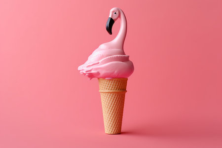 Flamingo ice cream in waffle cone on pink background.の素材