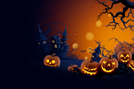 Halloween background with haunted house and pumpkins. Vector illustration.の素材