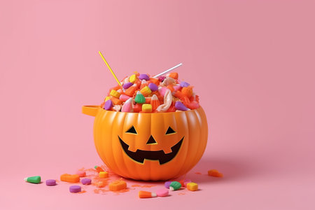 Halloween pumpkin with candies on pink background. 3d renderingの素材