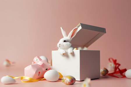 Easter bunny in a gift box with eggs and ribbons on pink backgroundの素材