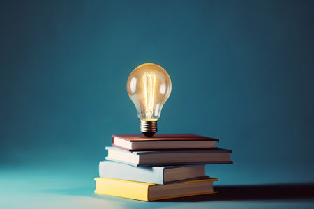 Glowing light bulb on a stack of books on a blue backgroundの素材