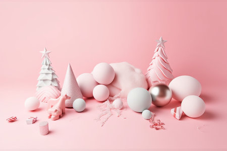 Christmas tree made of white and pink baubles on pink backgroundの素材