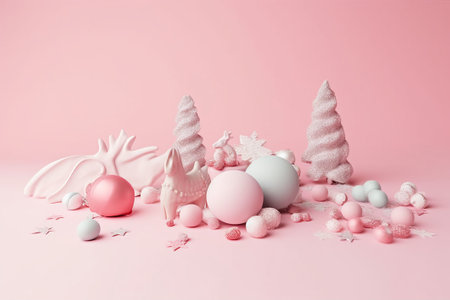 Christmas decoration on pink background with copy space. Minimal style.の素材