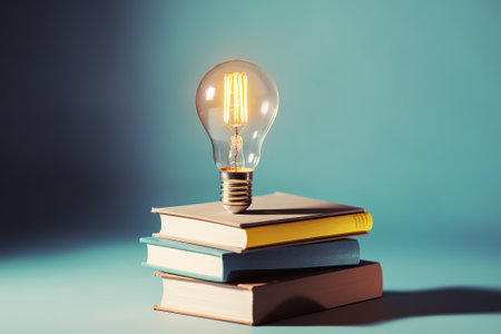 Light bulb and books on blue background. Business and education concept.の素材