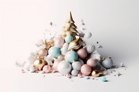 Christmas tree made of colorful baubles and toys on white backgroundの素材
