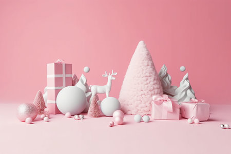 Christmas and New Year composition. Festive decoration on pastel pink background.の素材