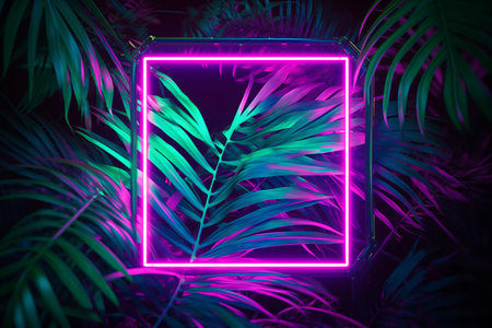 Neon frame with tropical palm leaves. 3d render illustration.の素材