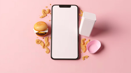 Smartphone with blank screen, cereals and burger on color backgroundの素材