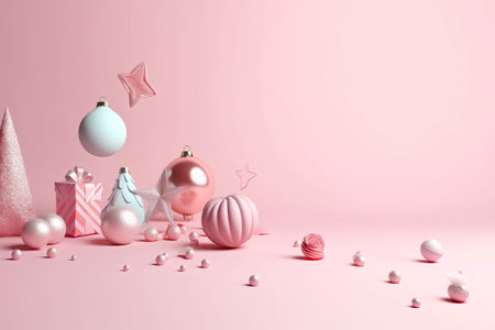 Christmas and New Year holiday background. Decorated christmas tree, gift box, balls and candy on pastel pink background.の素材