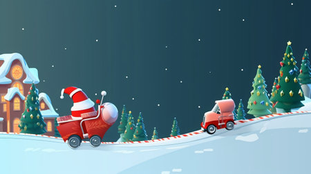 Christmas background with Santa Claus driving a red car. Vector illustration.の素材