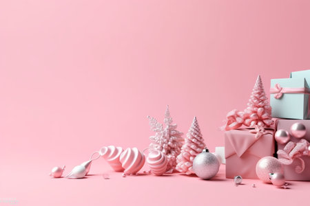 Christmas and New Year composition. Gifts, fir trees and balls on pink background.の素材