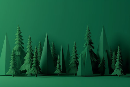 Pine trees in a green background. 3d rendering. Computer digital drawing.の素材