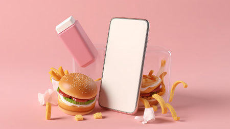 Smartphone with hamburger and french fries on pink background. 3d renderingの素材