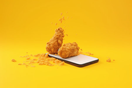 Crispy fried chicken and a smartphone on a yellow background.の素材