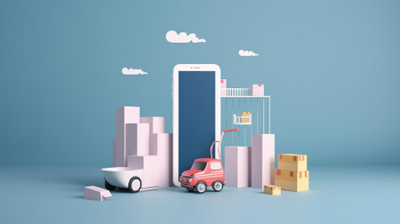 Smartphone with car and boxes on blue background. 3D renderingの素材