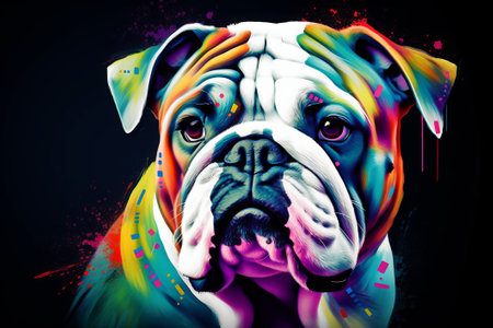Portrait of a dog breed English Bulldog with colorful paint splashes on black background.の素材
