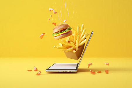Fast food concept with hamburger, french fries and smartphone on yellow backgroundの素材