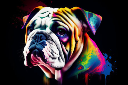 Portrait of a dog breed English Bulldog with abstract colorful backgroundの素材