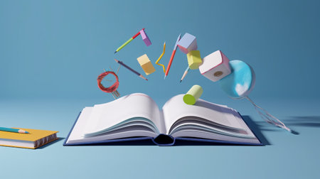 Open book with school supplies on blue background. 3D illustration.の素材