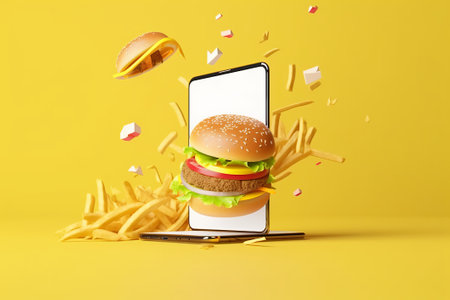 Smartphone with hamburger and french fries flying out of it on yellow backgroundの素材