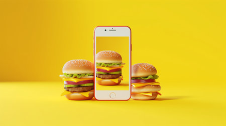 Hamburgers and smartphone on yellow background with copy space.の素材