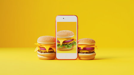 Two hamburgers and a smartphone on a yellow background. 3d illustrationの素材
