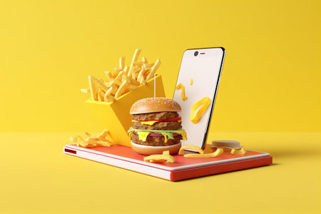 Smartphone with hamburger and french fries on yellow background. 3d renderingの素材