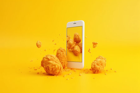 Smartphone with flying popcorn on a yellow background. The concept of social networks.の素材