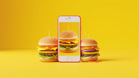 Hamburger and smartphone on yellow background. 3d illustration.の素材