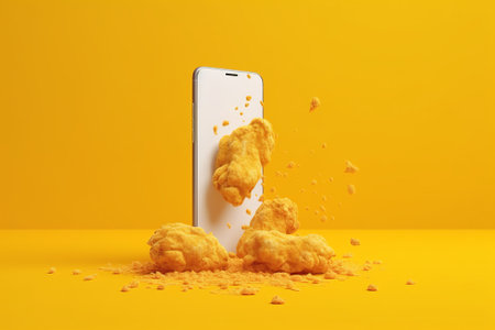 Smartphone with broken potato chips on yellow background. 3d renderの素材