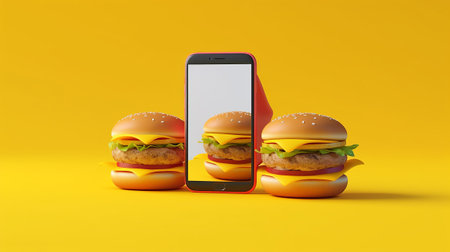 Two hamburgers and a smartphone on a yellow background. 3d renderingの素材